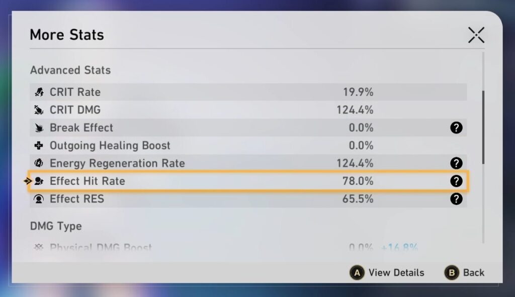 Effect Hit Rate on the Character Details screen